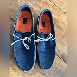 Swims Navy Mesh Boat Shoes with White Laces and Orange Insoles